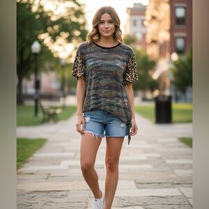 Denim & Supply Ralph Lauren Camouflage and Leopard Short Sleeve Top - L